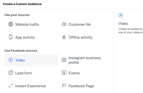 Как продвигать прямую трансляцию на Facebook, шаг 8, создать индивидуальную аудиторию в Facebook Ads Manager на основе просмотров видео