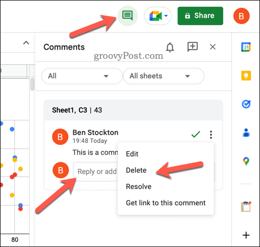 Отвечайте, редактируйте, разрешайте или удаляйте комментарии в Google Sheets