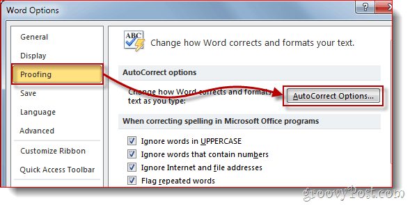 Word 2010 Меню проверки