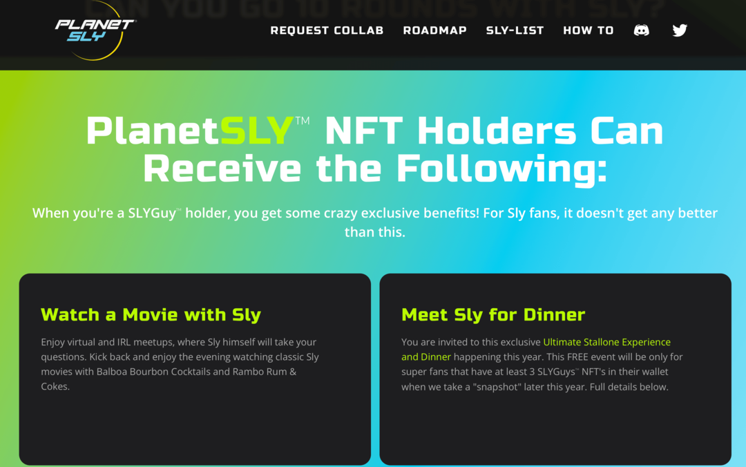 изображение веб-сайта PlanetSly, объясняющего преимущества для держателей SLYGuy NFT