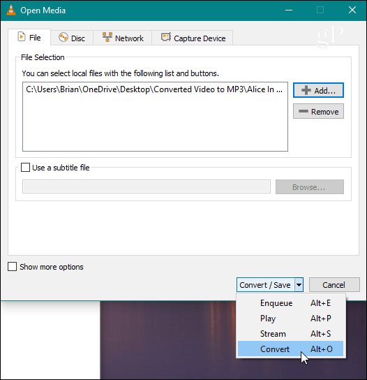  VLC Выберите файл конвертировать