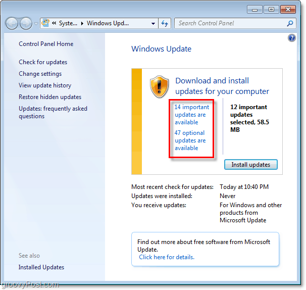 Windows 7 - Скриншот страницы обновления Windows