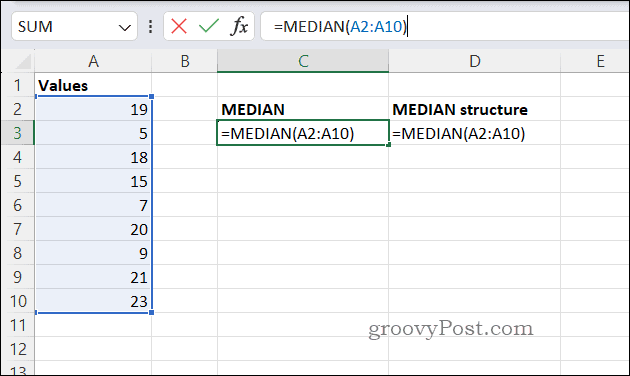 Пример формулы МЕДИАНА в Excel