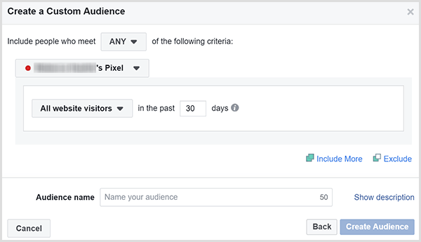 Диалоговое окно Facebook Create a Custom Audience имеет возможность настраивать таргетинг рекламы на всех посетителей веб-сайта в течение определенного количества дней.