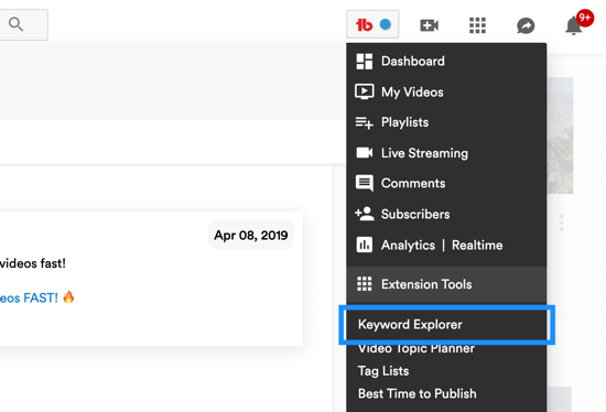 Как использовать серию видео для развития вашего канала YouTube, пункт меню для инструмента проводника ключевых слов TubeBuddy