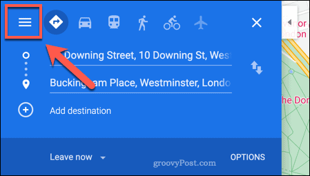 Доступ к меню Google Maps