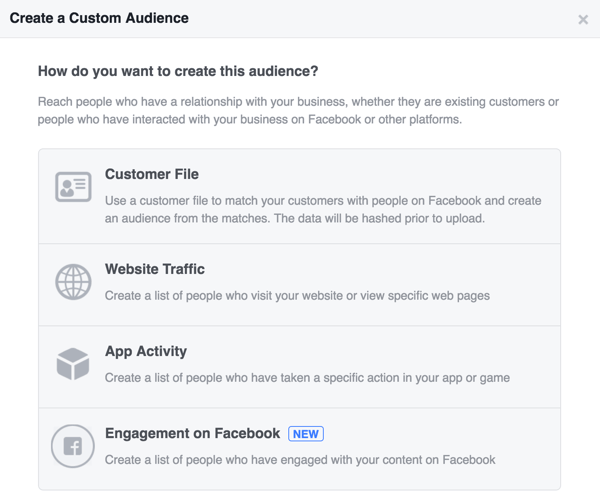 Выберите, как вы хотите создать свою аудиторию в Facebook.