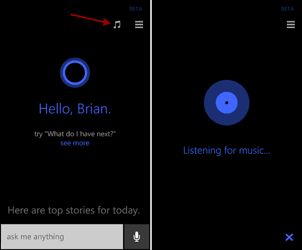 Используйте Cortana на Windows Phone 8.1 для определения песен