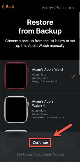 Apple Watch выбрать резервную копию