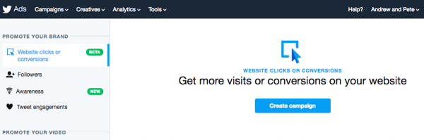 Выберите вариант «Переходы на веб-сайт» или «Конверсии», чтобы настроить рекламу в Twitter.