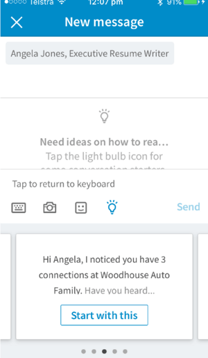 Мобильное приложение LinkedIn позволяет начать разговор в зависимости от того, какое соединение вы хотите отправить.