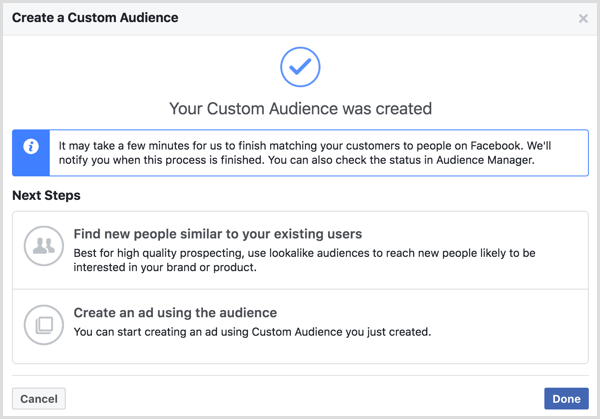 Сообщение «Ваша индивидуализированная аудитория создана», которое появляется после создания настраиваемой аудитории Facebook.