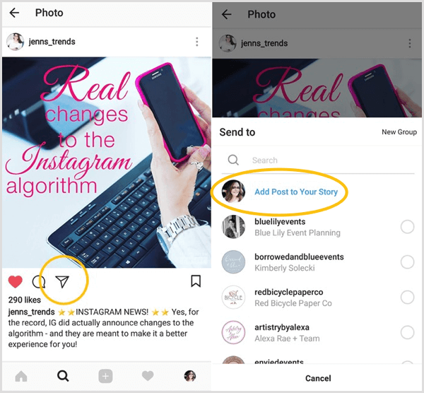 Найдите параметр «Добавить публикацию в свою историю», чтобы узнать, есть ли у вас доступ к функции повторной публикации в Instagram.