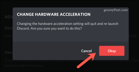 Подтверждение изменения настроек аппаратного ускорения Discord