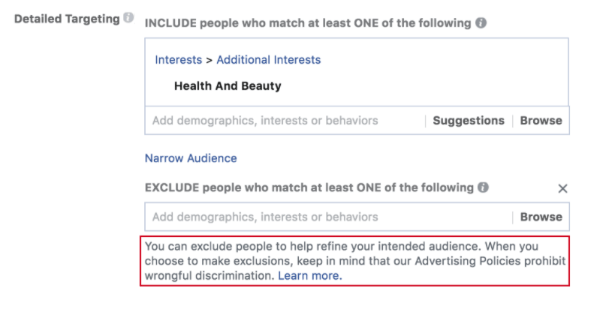 Facebook представил новые подсказки, которые напоминают рекламодателям о антидискриминационной политике Facebook перед созданием рекламной кампании и при использовании инструментов исключения.