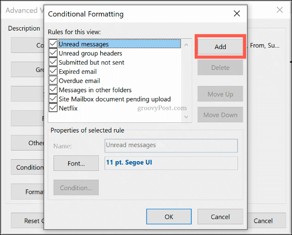 Нажмите кнопку Добавить, чтобы добавить новое правило условного формата в Outlook