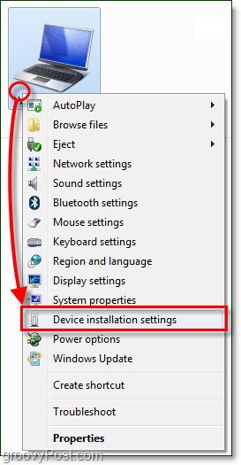 в контекстном меню компьютера с Windows 7 и перейдите к настройкам установки устройства