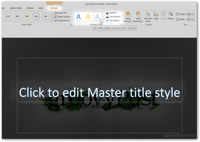 Office 2013 Создание шаблона Создание индивидуального дизайна Учебное пособие по настройке слайдов POTX Как настроить стиль шрифта в WordArt Свойства цвета Предустановка текста Редактировать