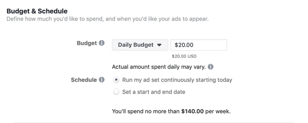 Менеджер рекламы Facebook, раздел бюджета и расписания для набора объявлений