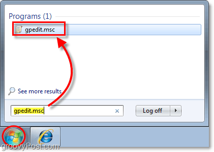 введите gpedit.msc в панель задач Windows 7, чтобы получить доступ к редактору локальной групповой политики в окне 7
