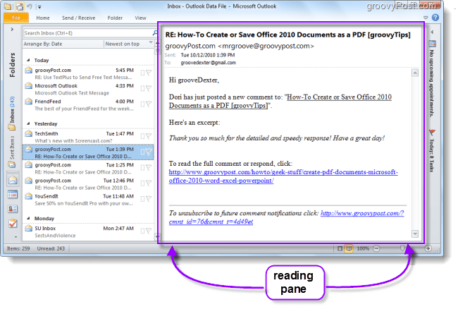 Outlook 2010 панель чтения просмотра электронной почты