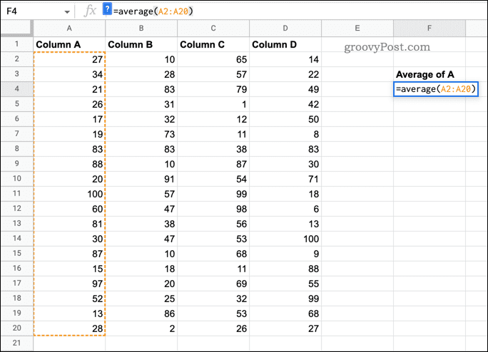 Функция СРЗНАЧ, используемая в Google Sheets