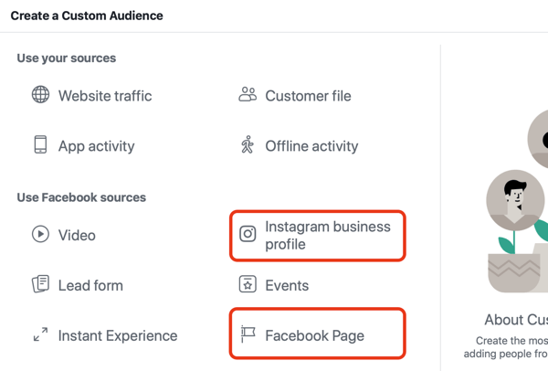 Используйте рекламу в Facebook, чтобы рекламировать людей, которые посещают вашу страницу в Facebook или Instagram, шаг 1.