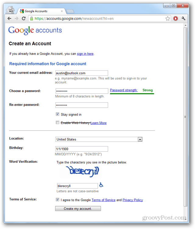 Создать учетную запись Google без Gmail