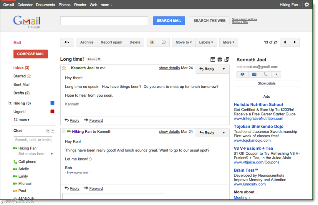 Gmail Предварительный просмотр темы разговора