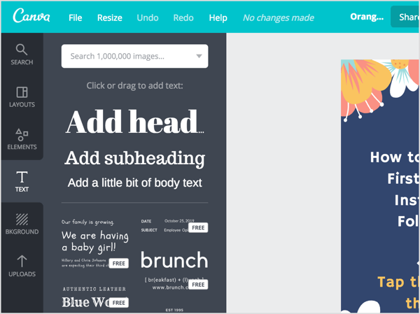 Щелкните вкладку «Текст», чтобы добавить в Canva заранее определенное содержимое.