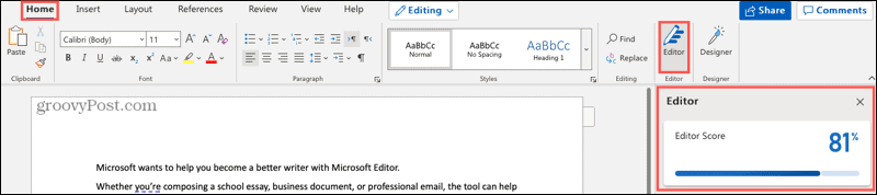 Кнопка и боковая панель редактора Microsoft в Word Online