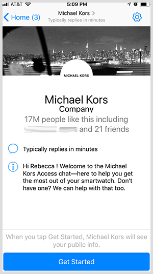 Чтобы выбрать бота для обмена сообщениями, такого как от Майкла Корса, пользователи нажимают кнопку «Начать».