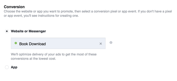 Когда вы создаете свою рекламу в Facebook, выберите цель конверсии и выберите только что созданную вами пользовательскую конверсию.