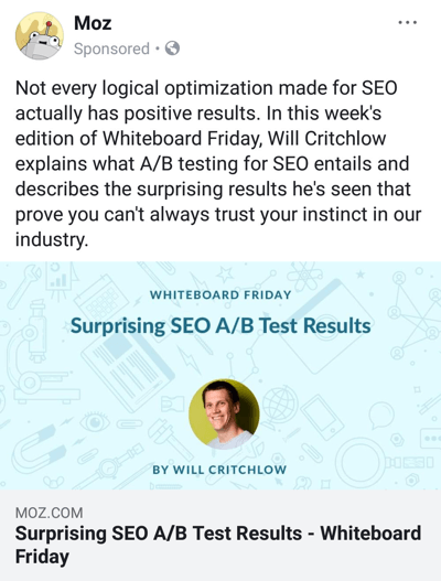 Рекламные методы в Facebook, которые приносят результаты, например, Moz, предлагающий брендированный исследовательский контент