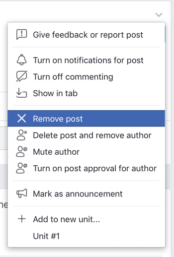 Как улучшить сообщество в группе в Facebook, пункт меню Facebook для удаления публикации из группы
