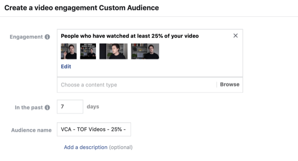 Создайте индивидуальную аудиторию зрителей видео в Facebook, шаг 2.