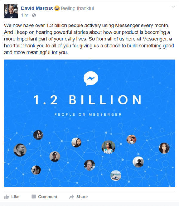 Facebook показал, что в настоящее время Messenger ежемесячно используют более 1,2 миллиарда человек.