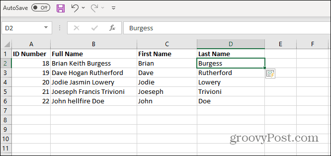 Фамилии указаны в Excel