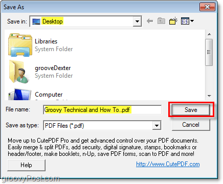 выберите местоположение сохраненного файла PDF для вашего недавно созданного PDF через cutePDF в Windows
