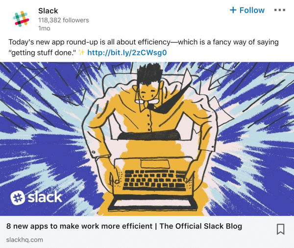 Пример публикации на странице компании Slack в LinkedIn.