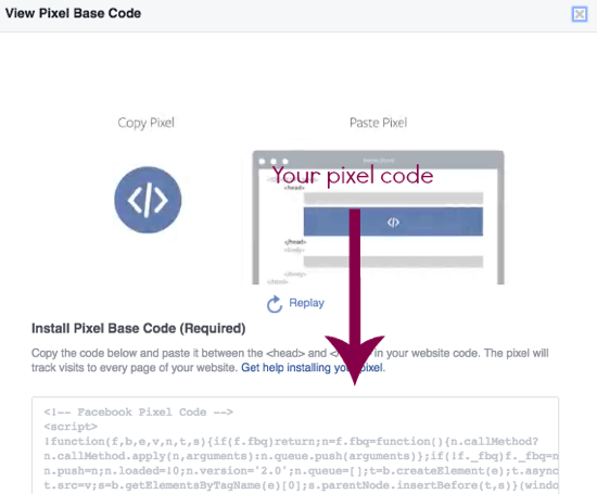 Скопируйте свой пиксельный код Facebook прямо с этой страницы.