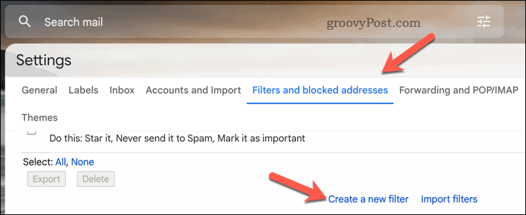 Создать фильтр Gmail