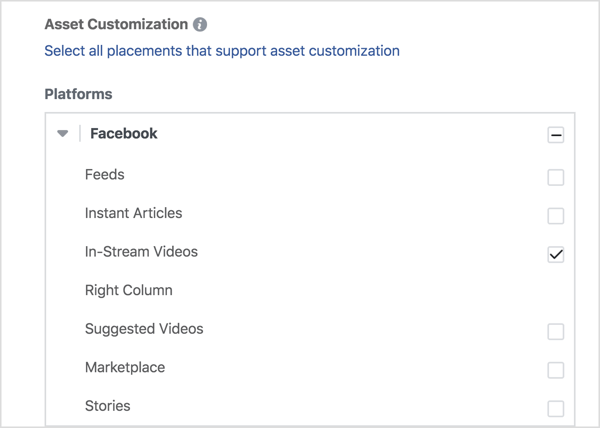 Если вы хотите показывать видеорекламу только на Facebook, выберите In-Stream Videos в Facebook.