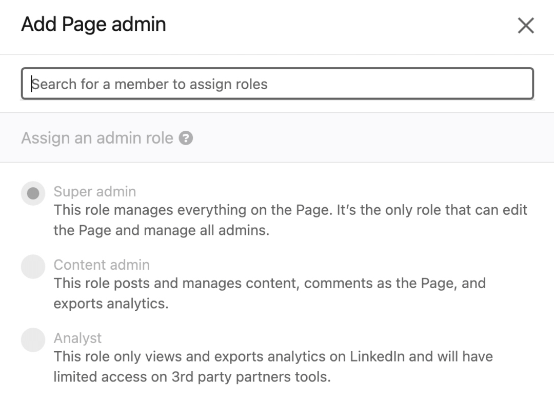 изображение диалогового окна «Добавить администратора страницы» в Linkedin