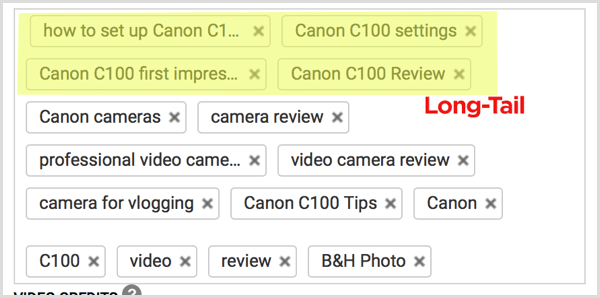 Теги видео YouTube, длинные ключевые слова