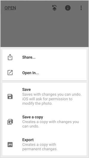 Делитесь, сохраняйте или экспортируйте изображение в мобильных приложениях, таких как Snapseed.