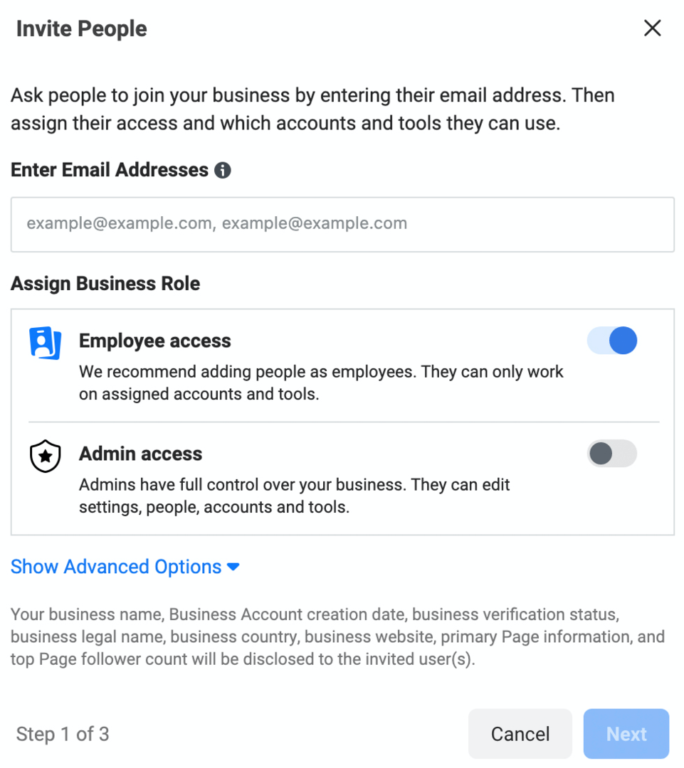изображение экрана «Пригласить людей» в Meta Business Manager