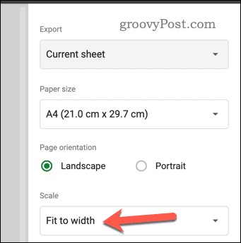 Установите настройки масштаба в предварительном просмотре печати Google Sheets