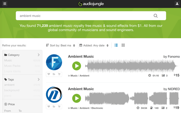 Ищите в надежной библиотеке AudioJungle бесплатной музыки и звуковых дорожек по цене от 1 доллара.