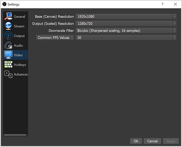 В диалоговом окне «Настройки OBS Studio» на вкладке «Видео» есть параметры для настройки базового разрешения и разрешения на выходе. В блоке также есть параметры для фильтра уменьшения масштаба и FPS, или кадров в секунду.